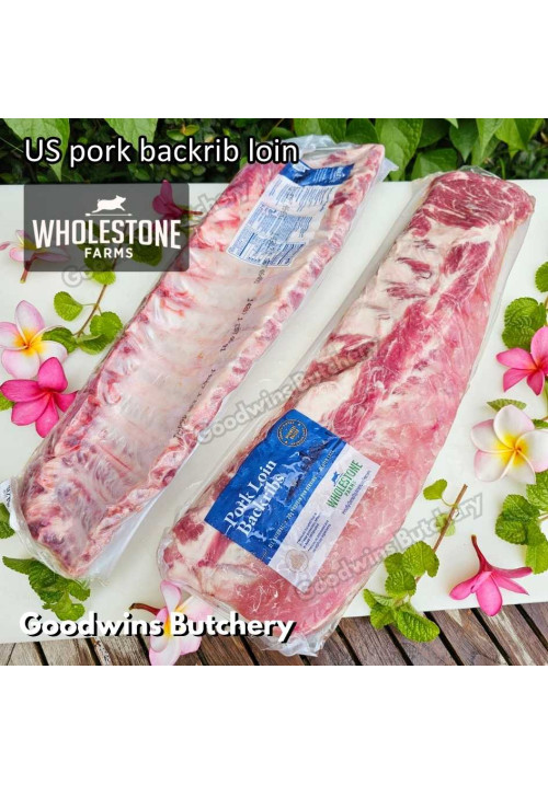 Pork baikut iga import US Berkshire WholeStone Nebraska BACKRIB LOIN 12-13ribs back rib frozen +/- 1.3 kg/slab dimension 45x14cm 18x5" (price/kg)